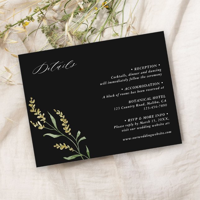 Schwarze Wildblume Elegante Hochzeitdetails Begleitkarte (Von Creator hochgeladen)