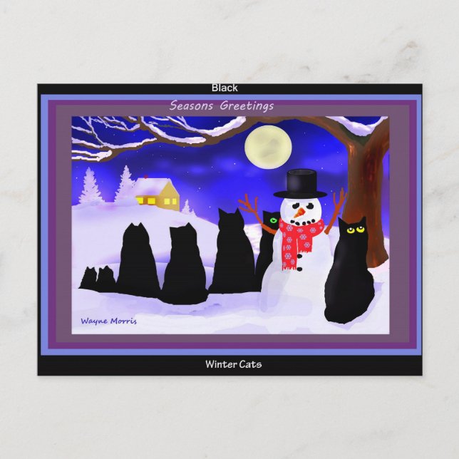 Schwarze Winterkatzen-Weihnachtspostkarte Feiertagspostkarte (Vorderseite)