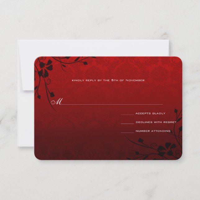 Schwarze Wirbel auf Red Metallic Damask Wedite Einladung (Vorderseite)