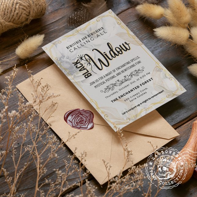 Schwarze Witwe verzaubert und verwelkter weißer Ma Einladung (Black Widow Bewitched and Bewildered White Marble Invitation cover from The Beekeeper Store)
