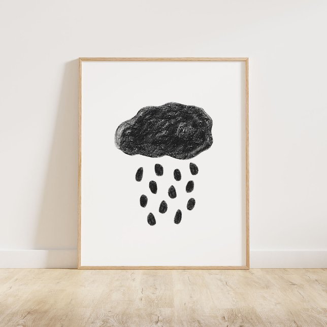 Schwarze Wolke und Regen Poster (Chalky, textured brush style Cloud and Raindrops in black)
