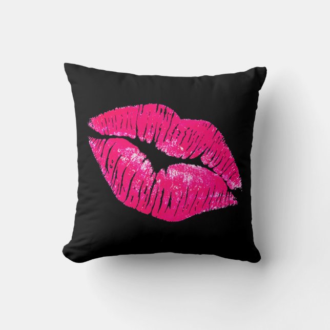 Schwarze Wurfs-Kissen-Rosa-Lippen Kissen (Vorderseite)