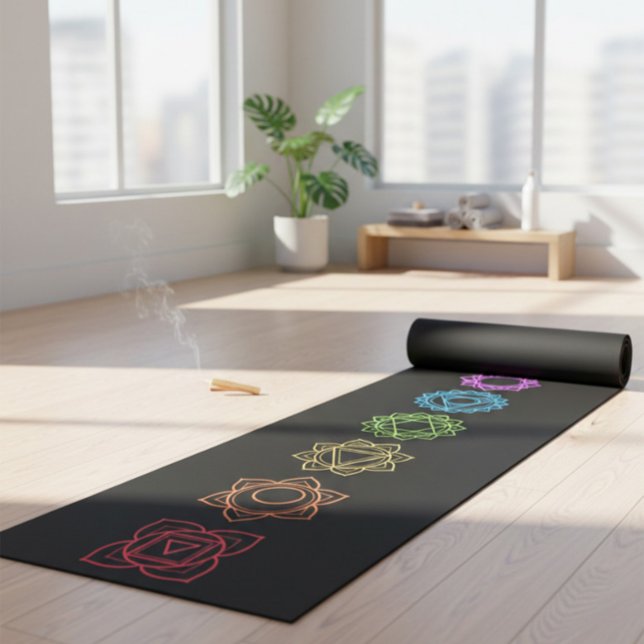 Schwarze Yogamatte mit farbenfrohen Chakren (Von Creator hochgeladen)