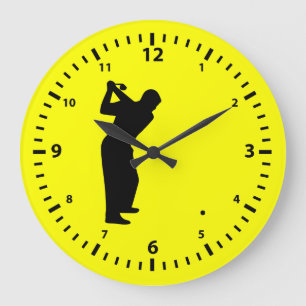 Schwarze Zahlen und Golfspieler auf Gelb Große Wanduhr