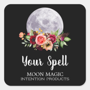 Schwarze Zauber-Sticker mit Mond und Blume Quadratischer Aufkleber