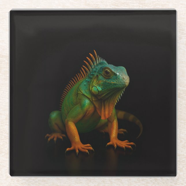 Schwarzer 4 Luxe Glasuntersetzer, Grüne Leguan Glasuntersetzer (Vorderseite)