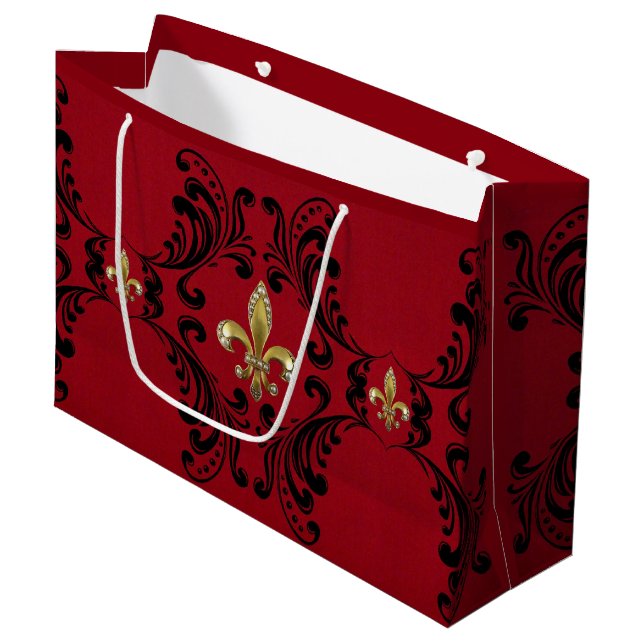 Schwarzer Acanthus auf Rot Große Geschenktüte (Vorderseite Schrägansicht)