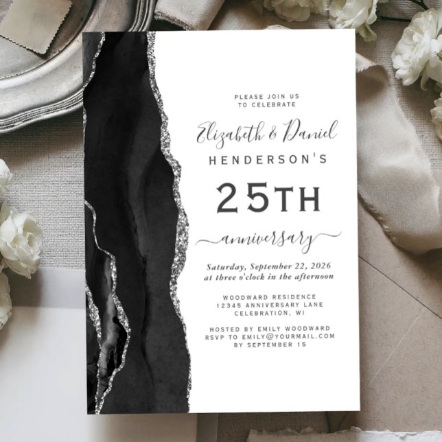 Schwarzer Achat Silber 25. Hochzeitsjubiläum Einladung (Von Creator hochgeladen)