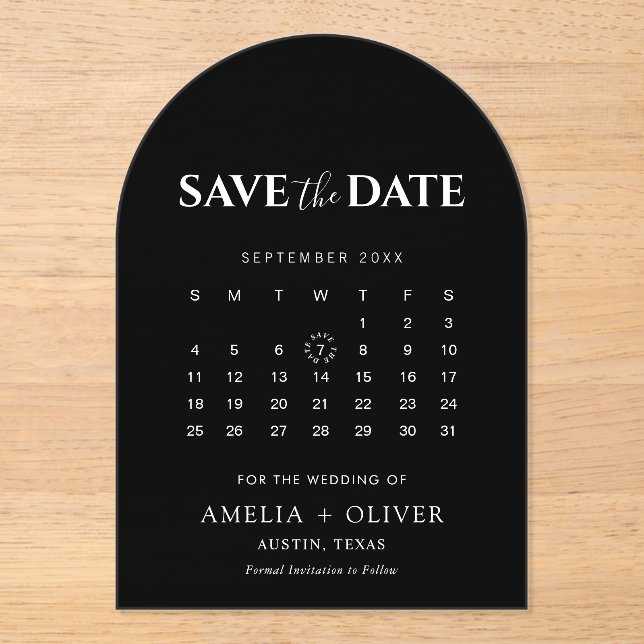 Schwarzer Acryl-Bogen-Kalender Moderne Save-The-Da Acryleinladungen (Vorderseite)