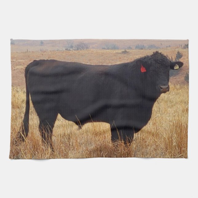 Schwarzer Angus Steer Grazing mit Herde Geschirrtuch (Horizontal)