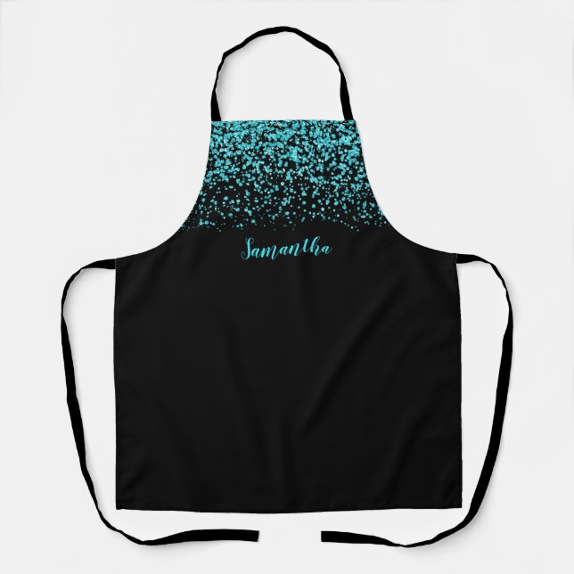 Schwarzer Aquamariner Imitat Glitzer Personalisier Schürze (Vorderseite)