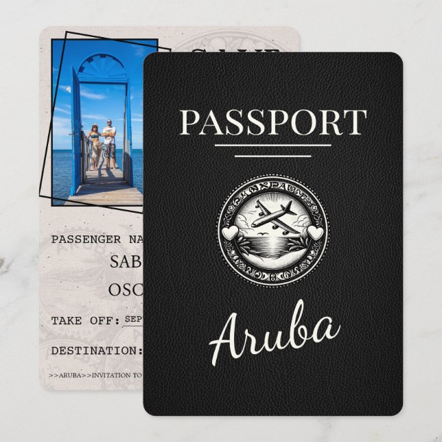 Schwarzer Aruba Reisepass Save The Date (Vorne/Hinten)