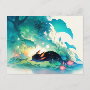 Schwarzer Axolotl schlafend im magischen tropische Postkarte