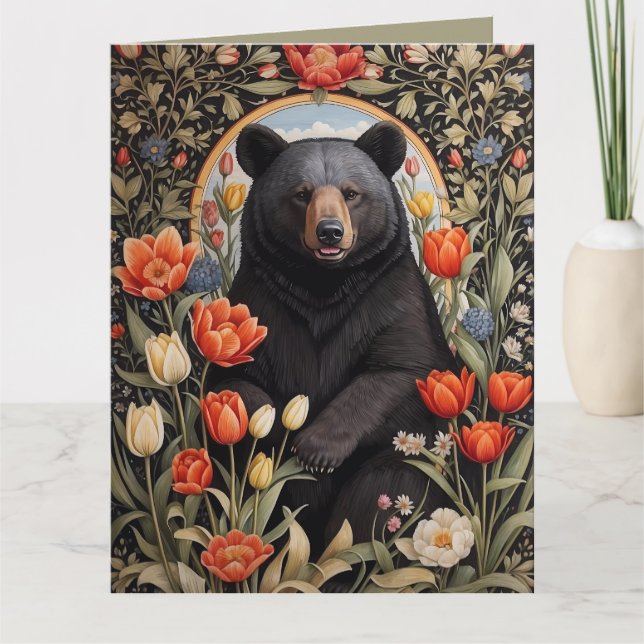 Schwarzer Bär farbenfrohe Tulip-Blume Karte (Vorderseite)