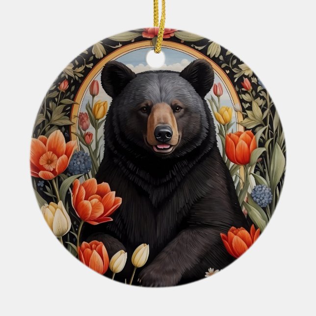 Schwarzer Bär farbenfrohe Tulip-Blume Keramik Ornament (Vorne)