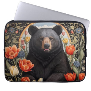 Schwarzer Bär farbenfrohe Tulip-Blume Laptopschutzhülle