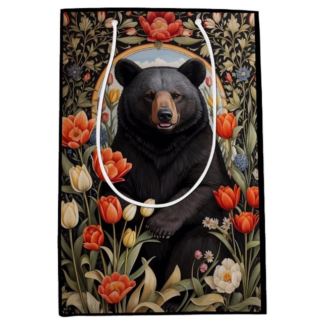 Schwarzer Bär farbenfrohe Tulip-Blume Mittlere Geschenktüte (Vorderseite)