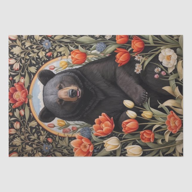Schwarzer Bär farbenfrohe Tulip-Blume Seidenpapier (Vorderseite)