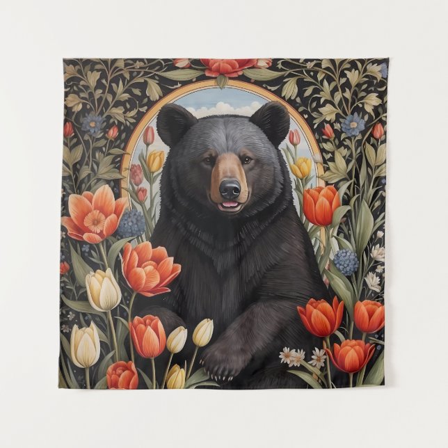 Schwarzer Bär farbenfrohe Tulip-Blume Wandteppich (Vorderseite)