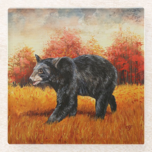 Schwarzer Bär im Herbstwald Glasuntersetzer (Vorderseite)