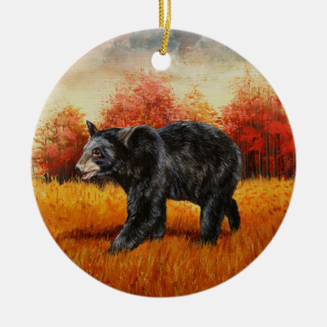Schwarzer Bär im Herbstwald Keramik Ornament (Vorne)