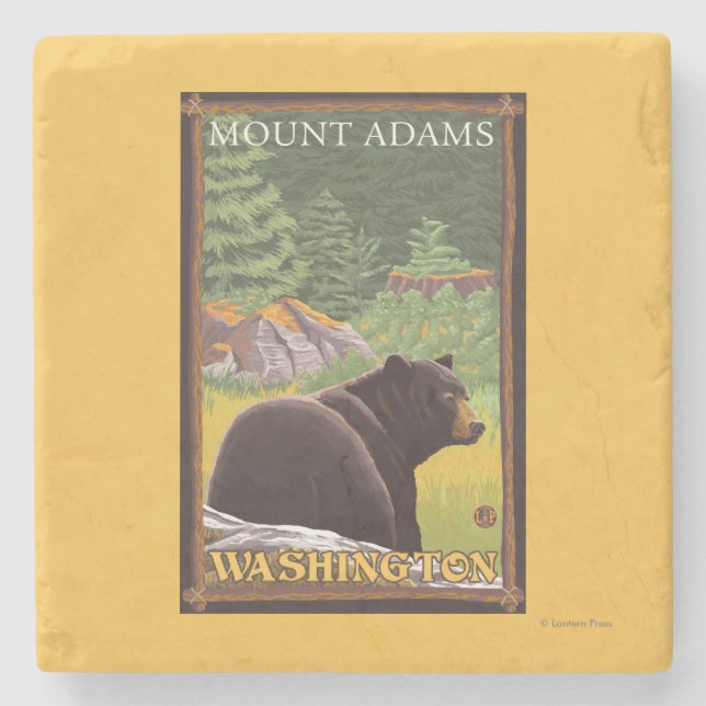 Schwarzer Bär im Wald - Berg Adams, Washington Steinuntersetzer (Vorderseite)