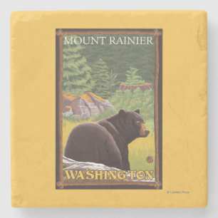 Schwarzer Bär im Wald - der Mount Rainier, Steinuntersetzer