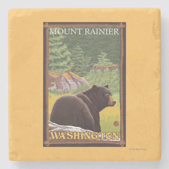 Schwarzer Bär im Wald - der Mount Rainier, Steinuntersetzer (Vorderseite)