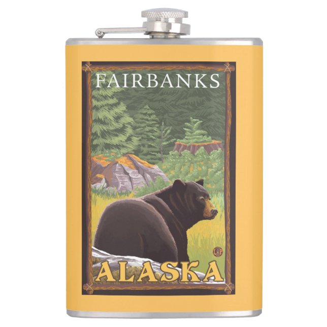 Schwarzer Bär im Wald - Fairbanks, Alaska Flachmann (Vorderseite)