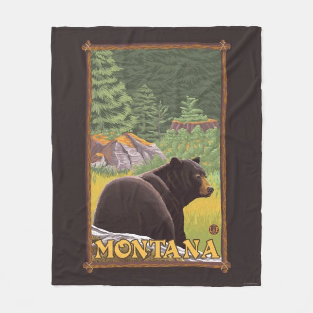 Schwarzer Bär im Wald - Montana Fleecedecke (Vorderseite)