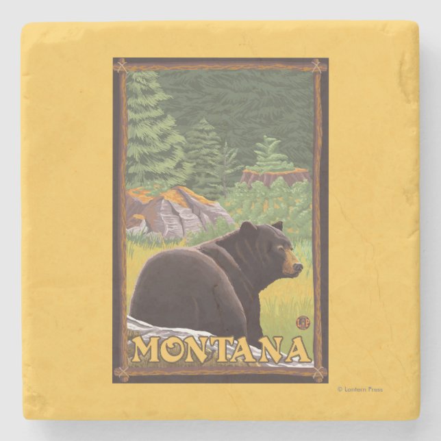 Schwarzer Bär im Wald - Montana Steinuntersetzer (Vorderseite)