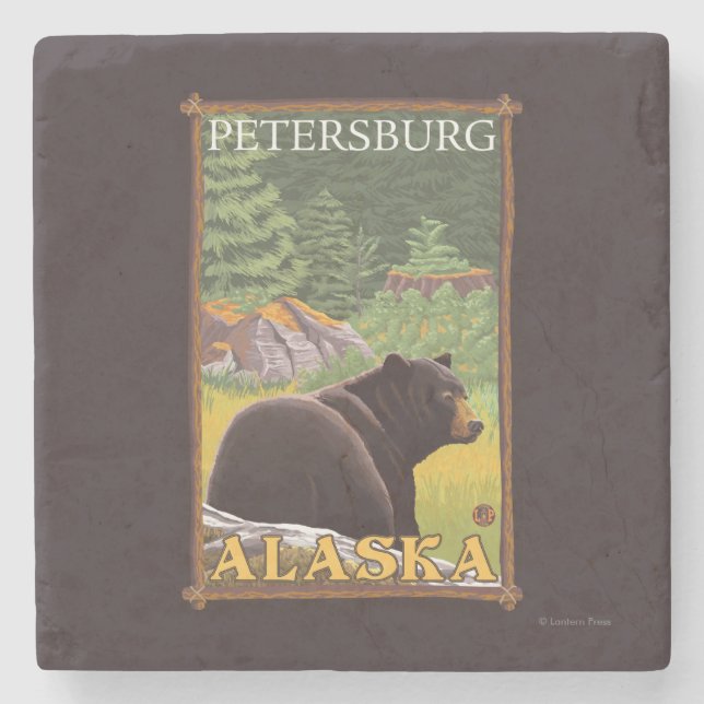 Schwarzer Bär im Wald - Petersburg, Alaska Steinuntersetzer (Vorderseite)