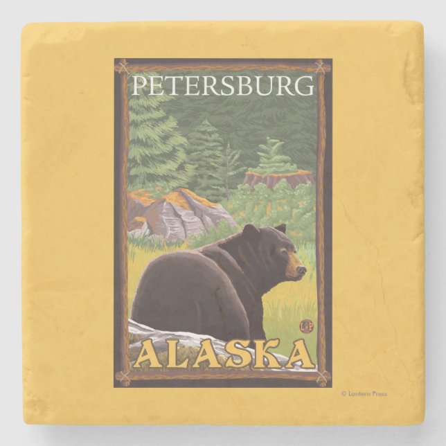 Schwarzer Bär im Wald - Petersburg, Alaska Steinuntersetzer (Vorderseite)