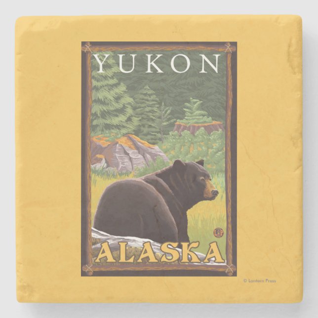 Schwarzer Bär im Wald - Yukon, Alaska Steinuntersetzer (Vorderseite)