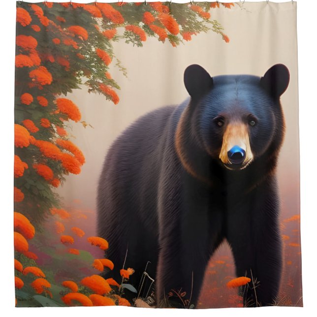 Schwarzer Bär in orangen Blume Duschvorhang (Vorderseite)