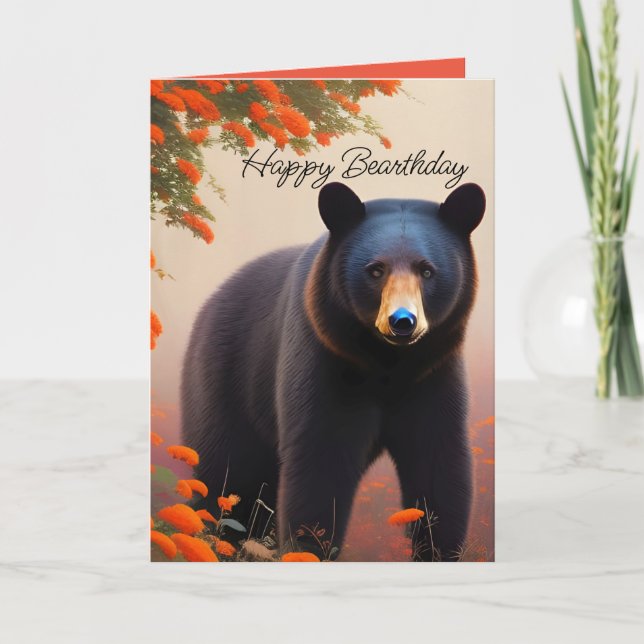 Schwarzer Bär in orangen Blume Karte (Vorderseite)