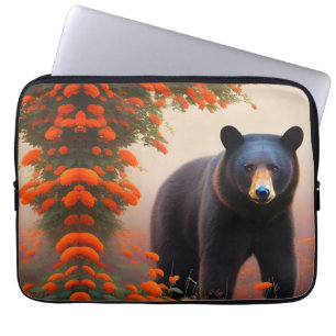 Schwarzer Bär in orangen Blume Laptopschutzhülle