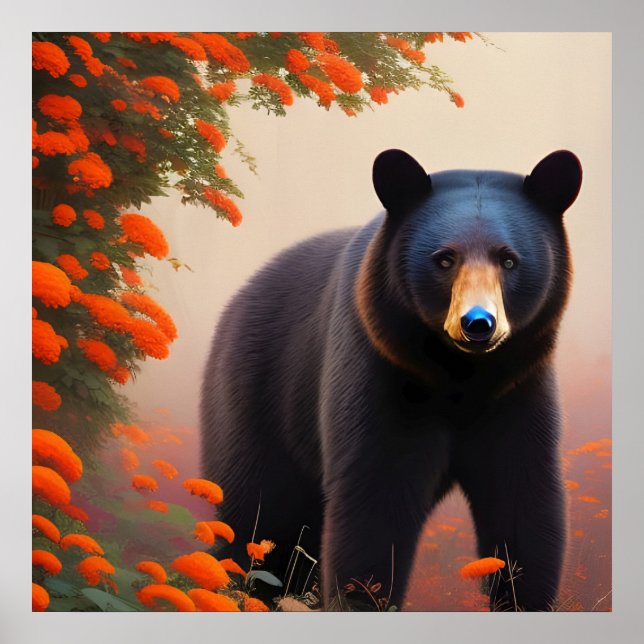 Schwarzer Bär in orangen Blume Poster (Vorne)