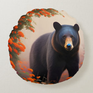 Schwarzer Bär in orangen Blume Rundes Kissen
