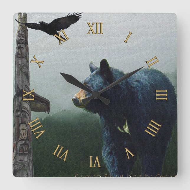 Schwarzer Bär, Raven & Totem Pole Art Quadratische Wanduhr (Vorderseite)