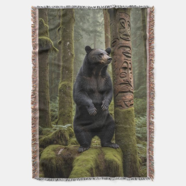 Schwarzer Bär und Totem Pole Decke (Vorderseite Vertikal)