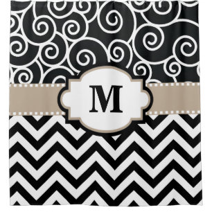 Schwarzer beige Wirbels-Zickzack Monogramm Duschvorhang