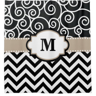 Schwarzer beige Wirbels-Zickzack Monogramm Duschvorhang
