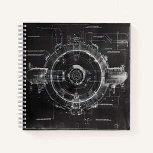 Schwarzer Blueprint Sci-Fi Weltraumstation Notizbuch