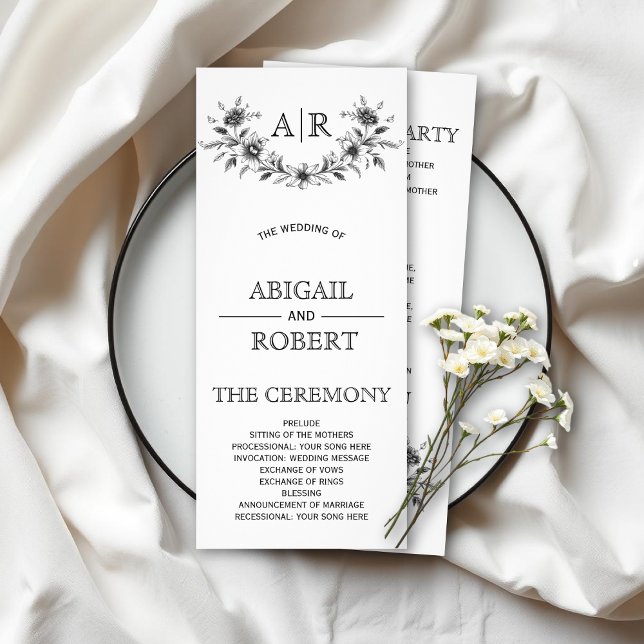 Schwarzer Blumenrahmen mit Monogramm Hochzeitsprog Werbekarte (Von Creator hochgeladen)