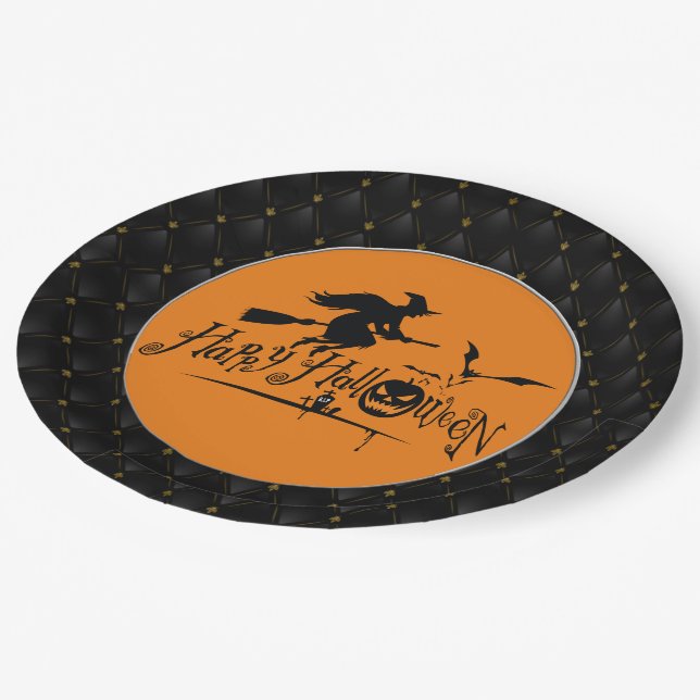 Schwarzer Boarder glückliche Halloween Hexe und Fl Pappteller (Schrägansicht)