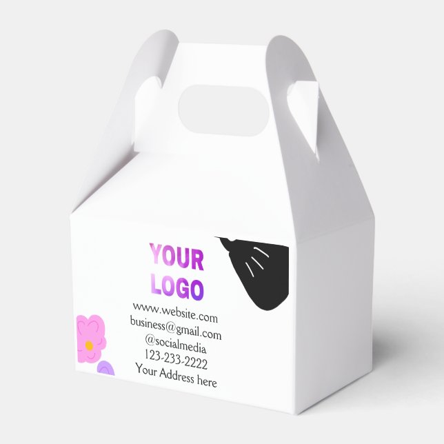 Schwarzer Bogen Rosa lila Blüten Logo-Details hinz Geschenkschachtel (Vorderseite)