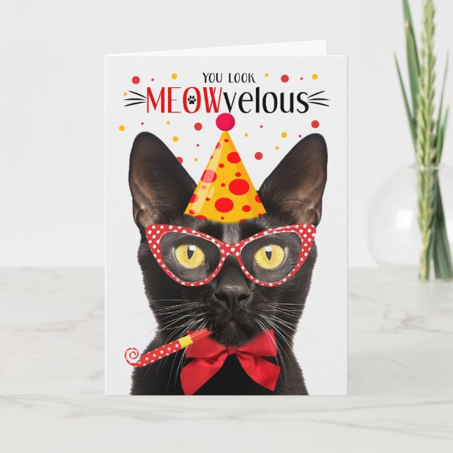 Schwarzer Bombay Cat MEOWvelous Geburtstag Karte (Vorderseite)