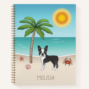 Schwarzer Boston Terrier an einem tropischen Somme Notizbuch