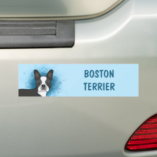 Schwarzer Boston Terrier Cartoon-Hund auf Blau und Autoaufkleber